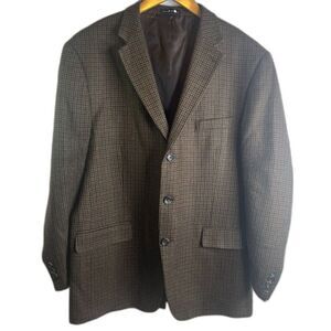 Stafford Essentials Brown Houndstooth 100% Lambswool Sport Coat Mens Sz 44R